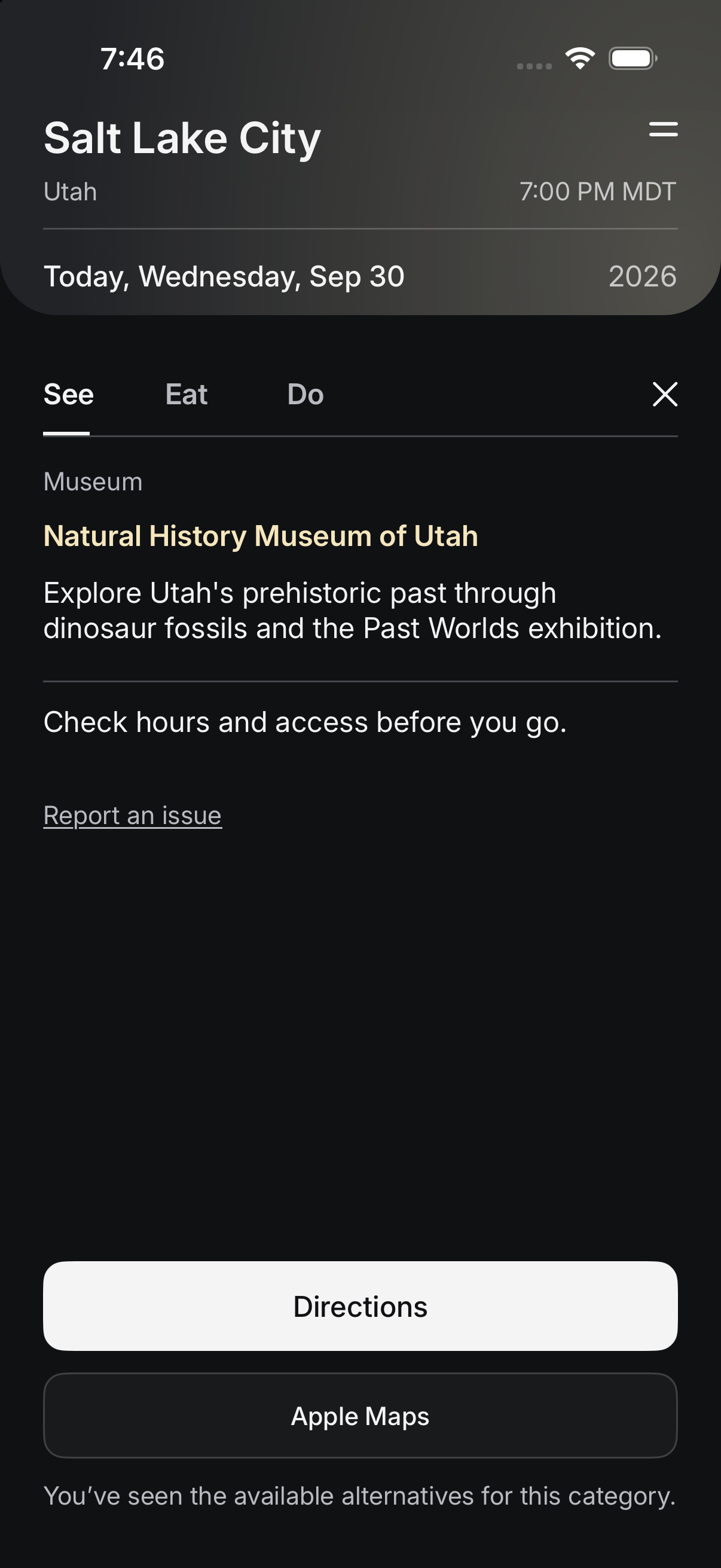 Fairward Salt Lake City with expanded Natural History Museum of Utah details, selected-hour forecast with staged venue