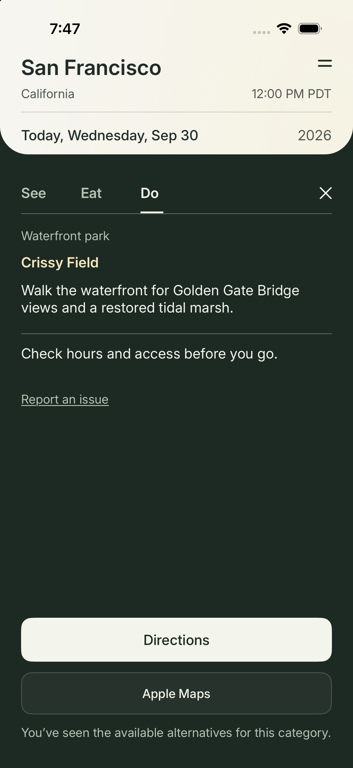 Fairward light-mode expanded Crissy Field details with description and directions, selected-hour forecast with staged venue